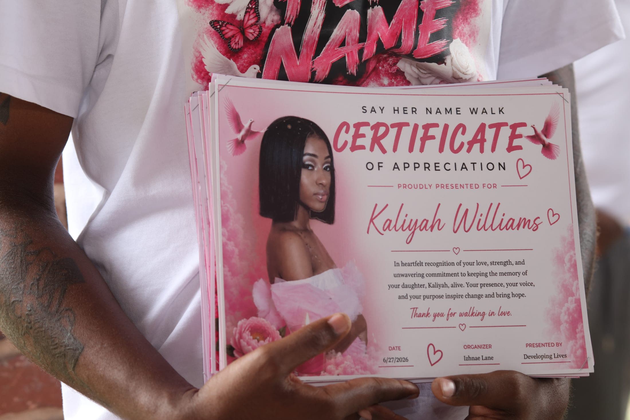 A Certificate of Appreciation honoring Kaliyah Williams.