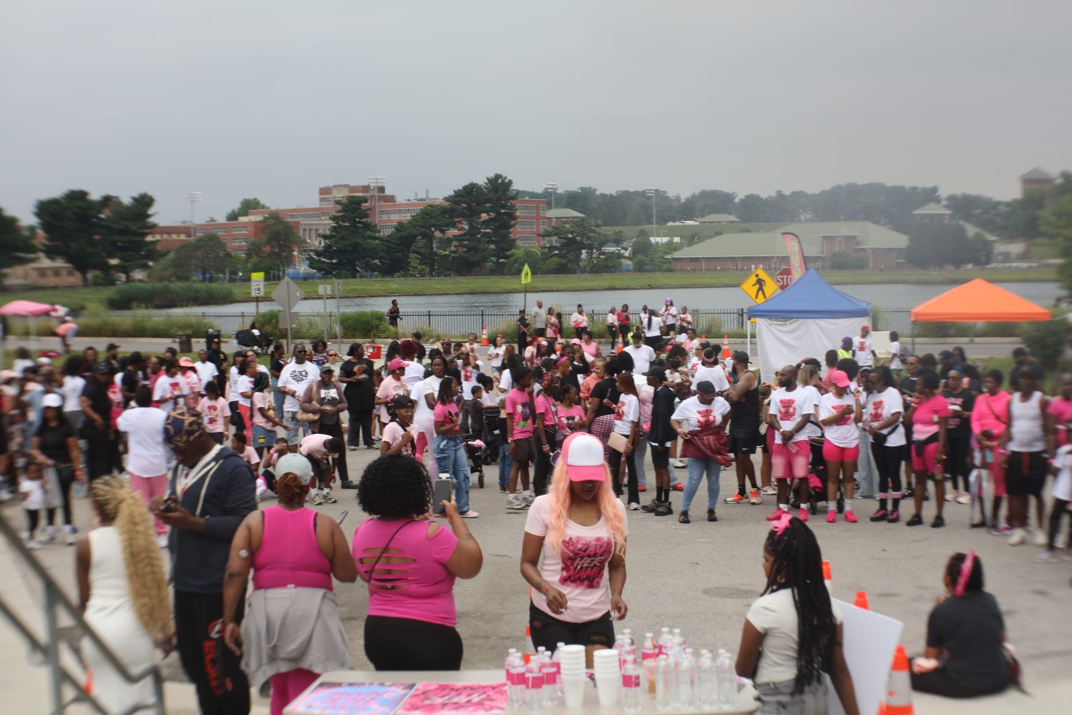 The community gathers at the lakeside.