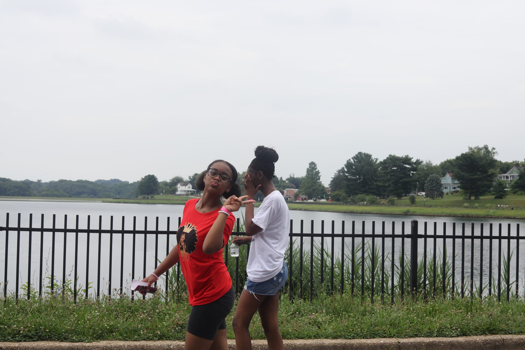 Young walkers at the lakeside.