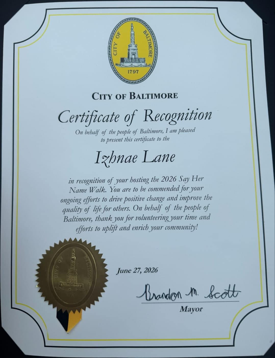 City of Baltimore — Certificate of Recognition honoring Izhnae Lane