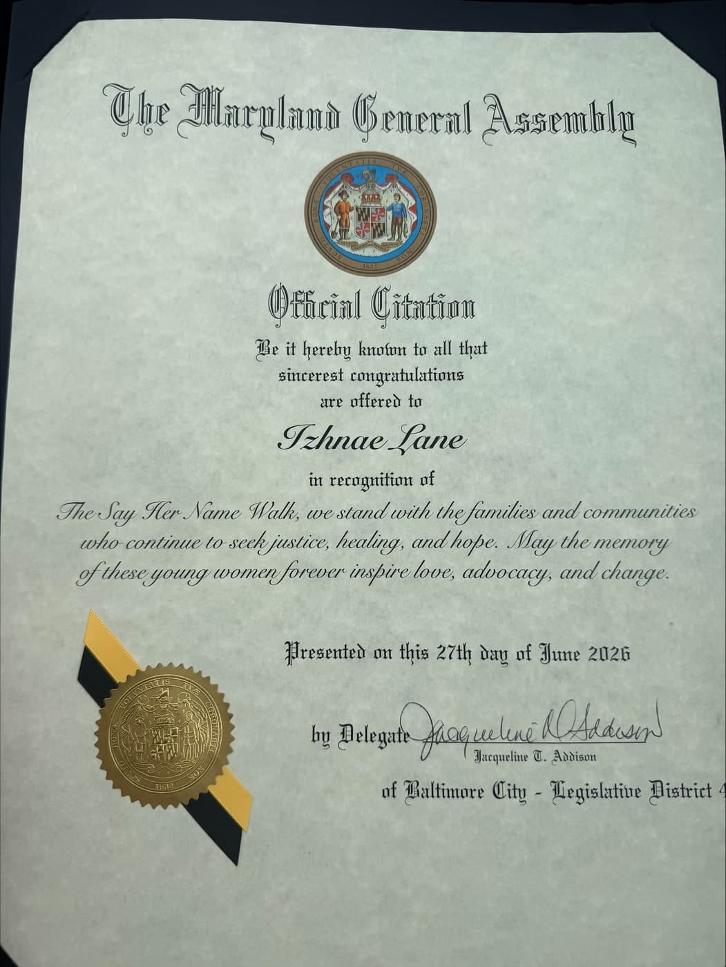 Maryland General Assembly — Official Citation honoring Izhnae Lane