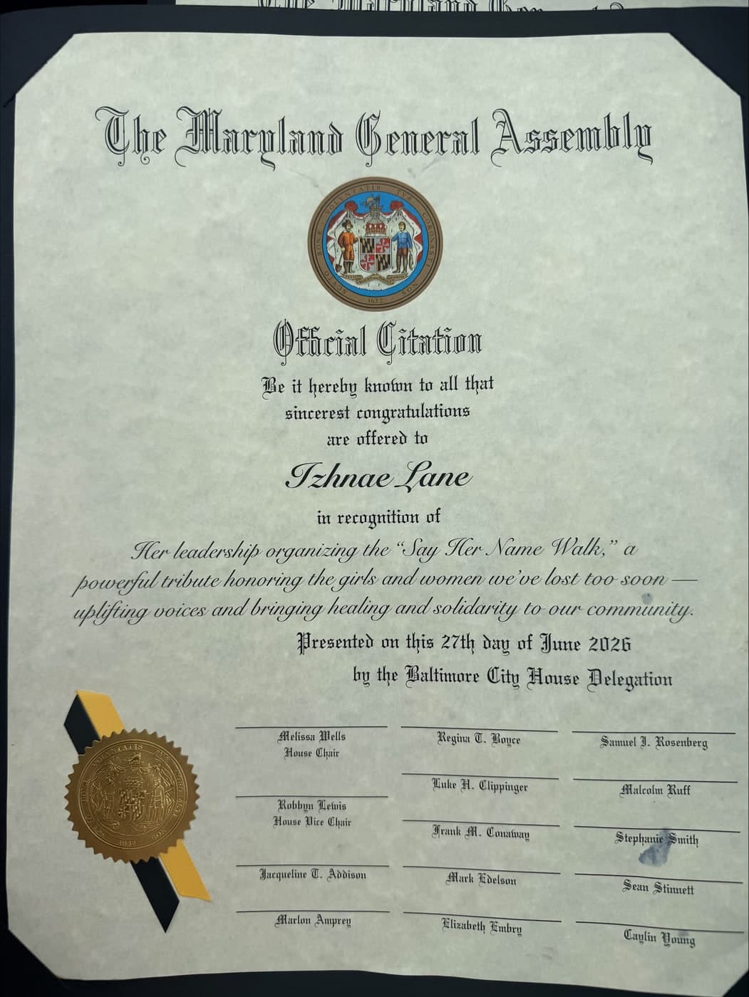 Maryland General Assembly — Official Citation honoring Izhnae Lane