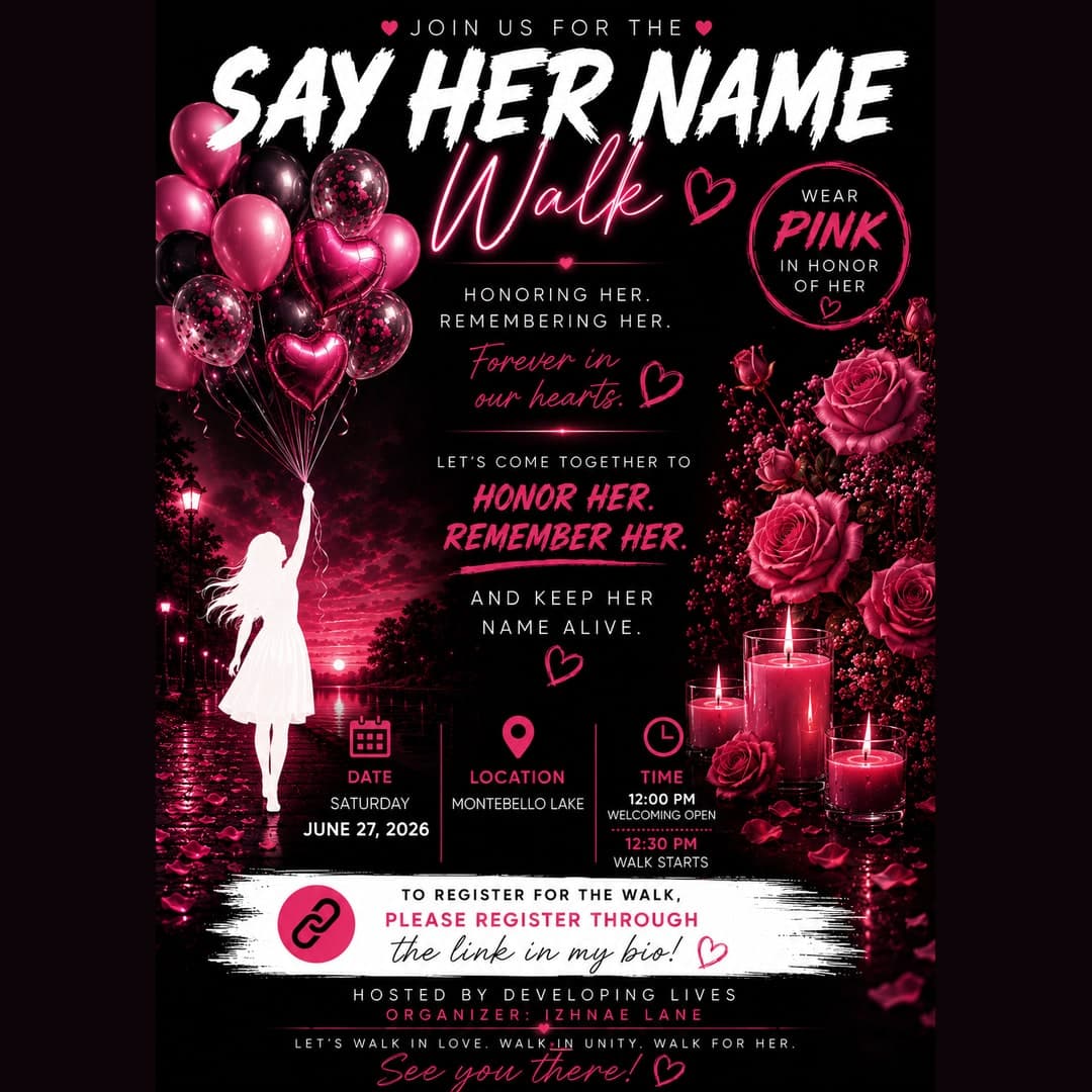 1st Annual Say Her Name Walk — June 27, 2026 event flyer